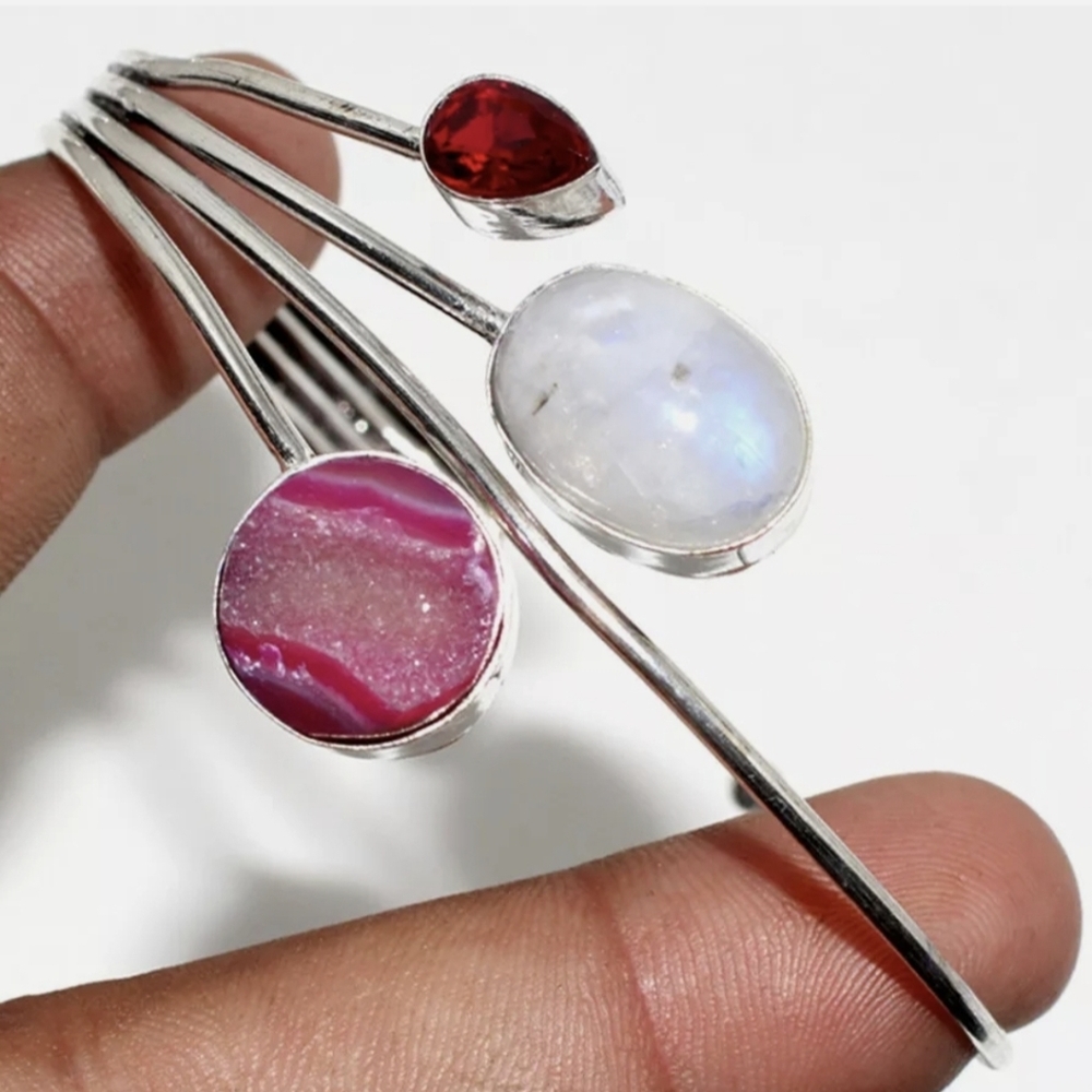 New Rainbow Moonstone, Garnet, Druzy Silver Cuff Bracelet.